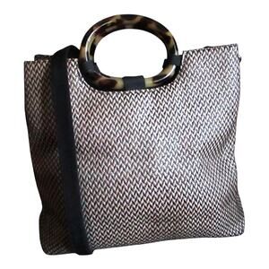 90s Vintage Chevron Woven Handbag Brown Cream Tortoiseshell Crossbody Purse